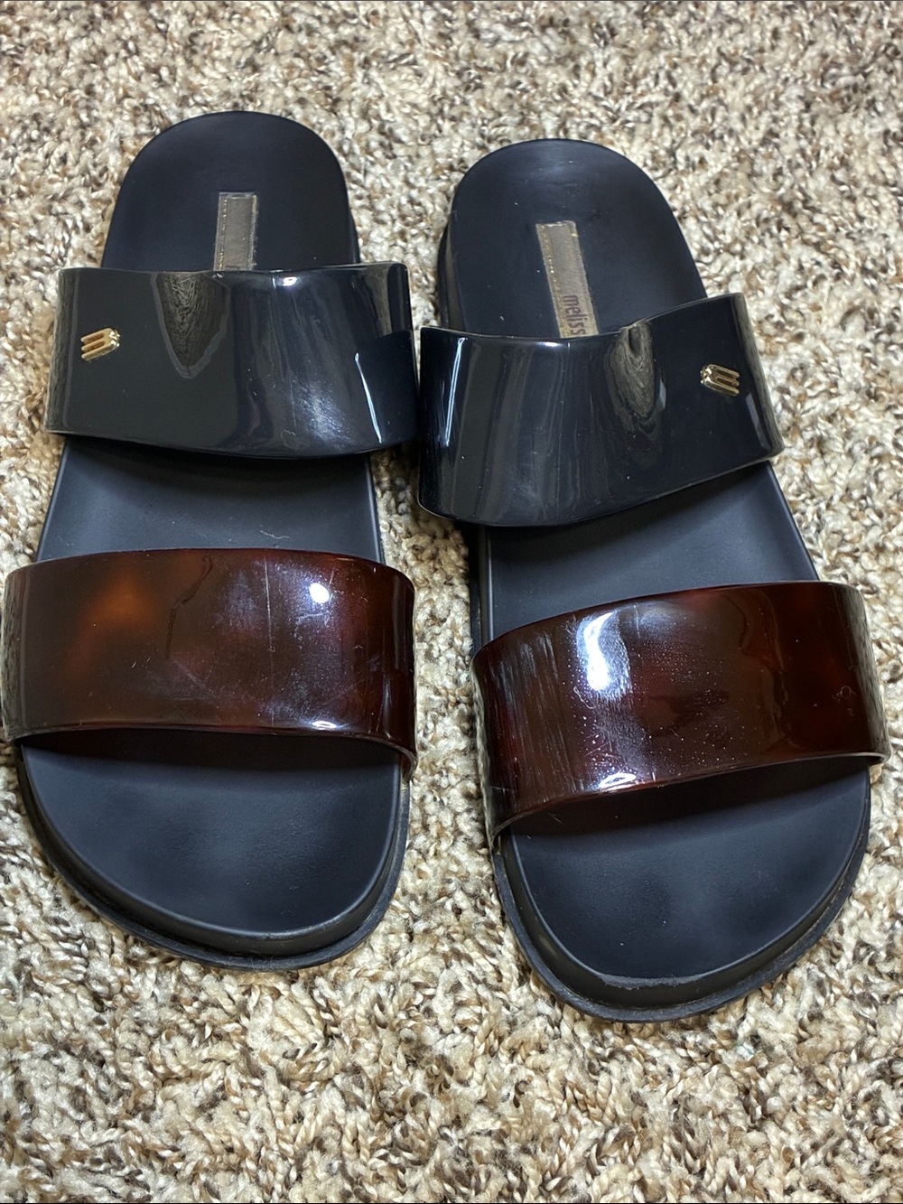 Melissa Men's Double Strap Slides in Black and Brown Tort